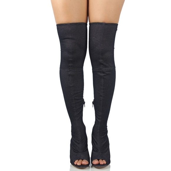 Blue Denim Over the Knee Back Tie Block Heel Boot - Picture 4 of 7